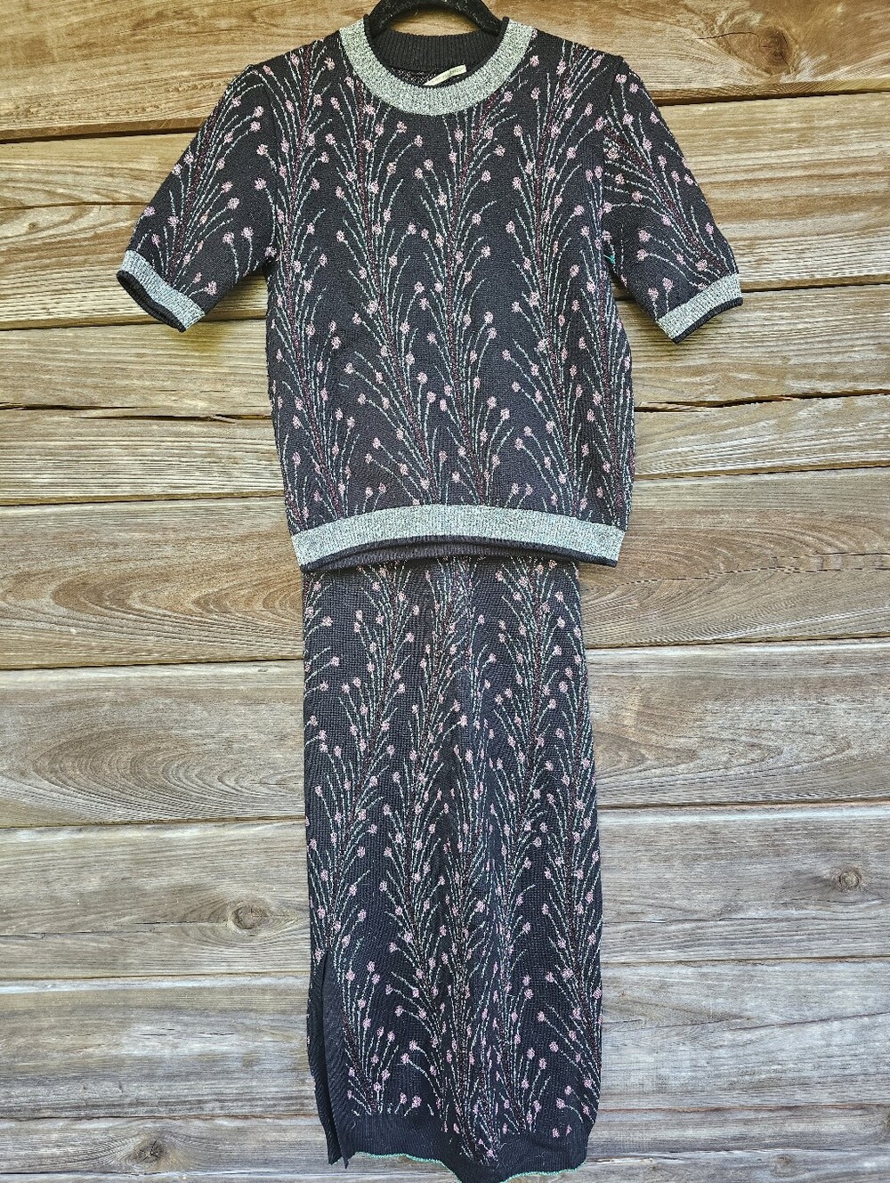Marco de Vincenzo Italy Size 38 Metallic Floral Knit Top & Midi Skirt Set